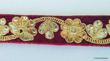 Burgundy / Green, Velvet Fabric Trim With Copper, Bronze & Gold Embroidery And Sequins